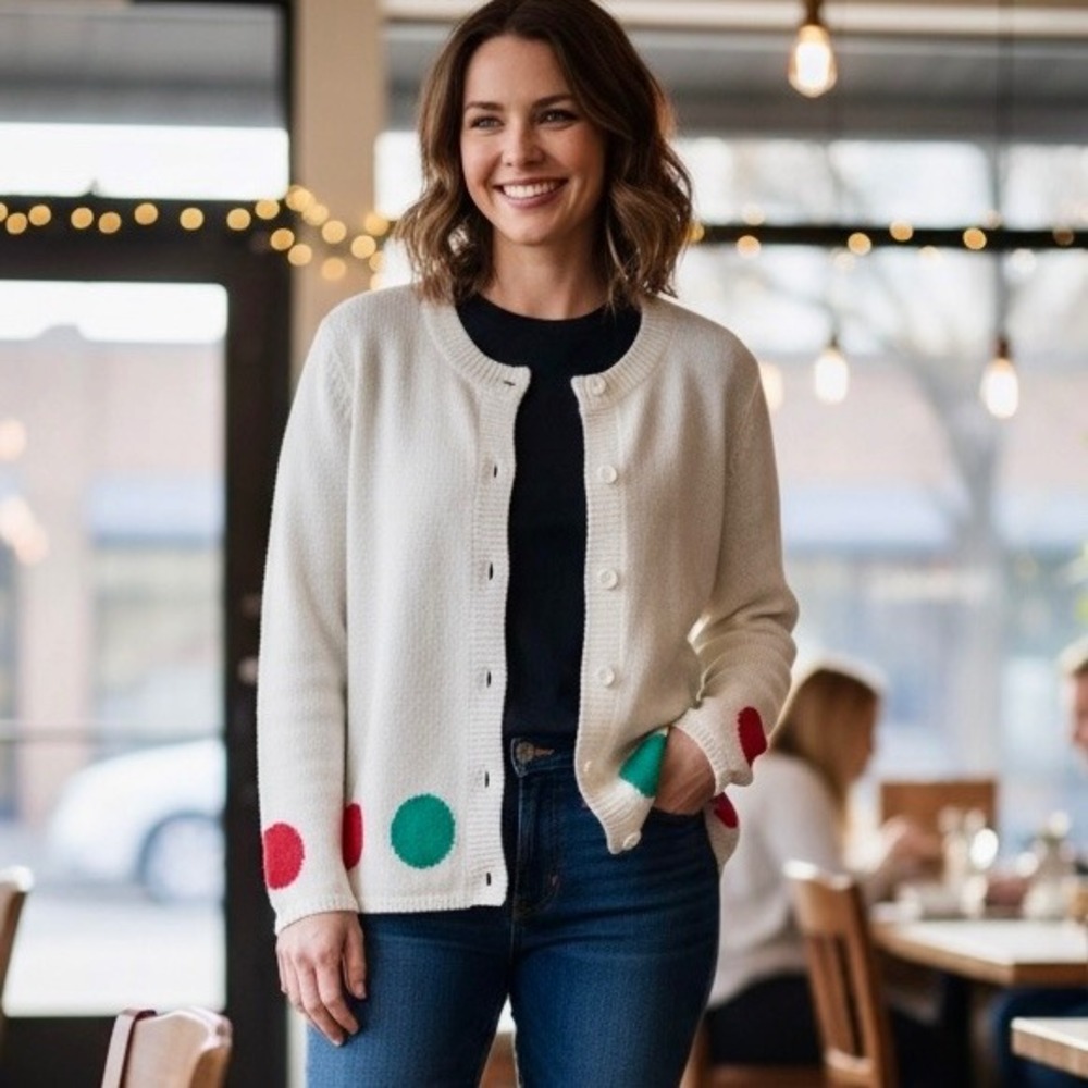 NWOT Vintage Casamia Cardigan‎ Sweater, Long Sleeves, Polka Dots, White, Large
